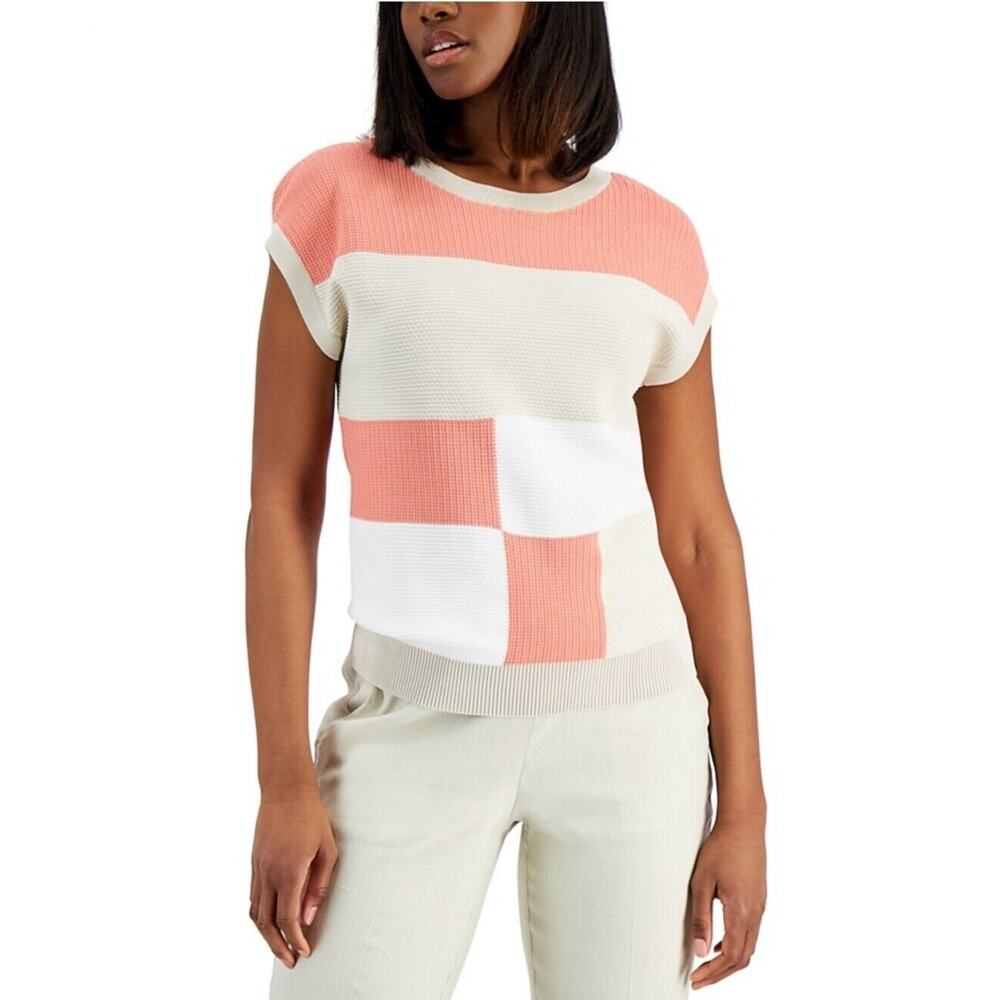 ALFANI Women's Mixed-Stitch Colorblocked Sweater Top Neutral Sun Coral Size M